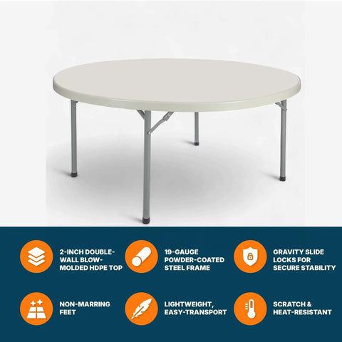 Round Folding Table Built Like A Tank For Heavy Duty Use, Commercial Grade With Thick Blow Molded Top And 17 Gauge Steel Frame