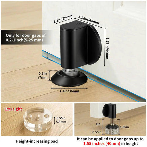 Heavy Duty Magnetic Door Stoppers Featuring Double Magnet Catch With Hardcore Hold To Keep Doors Shut Tight Easy Screw Or Peel Stick Install for door gaps of 0.2-1 inch.