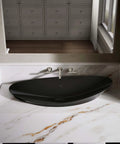 Modern Trough Vessel Bathroom Sink With Asymmetrical Oval Basin Double Faucet Ready Wall Mount Or Countertop Setup. Gloss black finish.