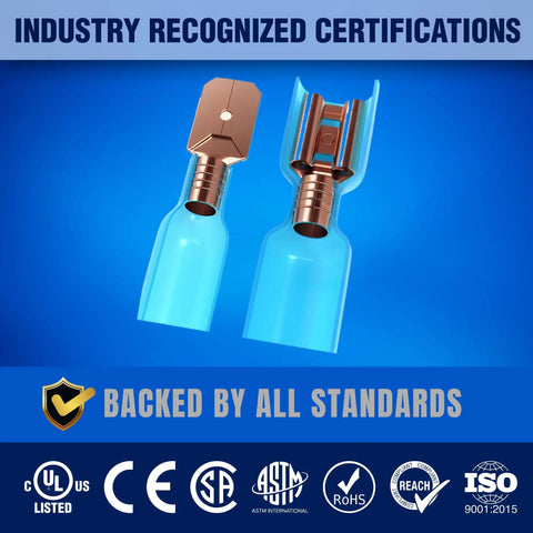 Image featuring Dope Heat Shrink Spade Connectors Kit With KableSeal Tech, tin plated copper, certifications, blue background.