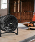 Built Tough 14 Inch Drum Fan Delivers 2300 CFM High Velocity Air For Industrial Spaces with 4 Speed Settings displayed in workshop