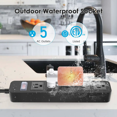 Outdoor Waterproof Power Strip With Five Outlets And IPX4 Weatherproof Surge Protector Rugged Garden Socket for appliances