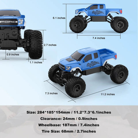 Ford Raptor F150 4x4 RC Car Monster Truck For Kids, 1:18 scale, blue, indoor outdoor toy with size and tire details