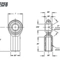 Heckuva Tough Three Eighth Inch Female Heim Rod End Bearing technical drawing with dimensions and clevis mounting details.