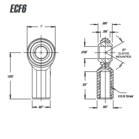 Heckuva Tough Three Eighth Inch Female Heim Rod End Bearing technical drawing with dimensions and clevis mounting details.
