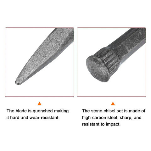 Close-up of 14.8 Inch Masonry Chisel with pointed head and end cap, made from high-carbon steel for rock stone brick concrete mortar work.