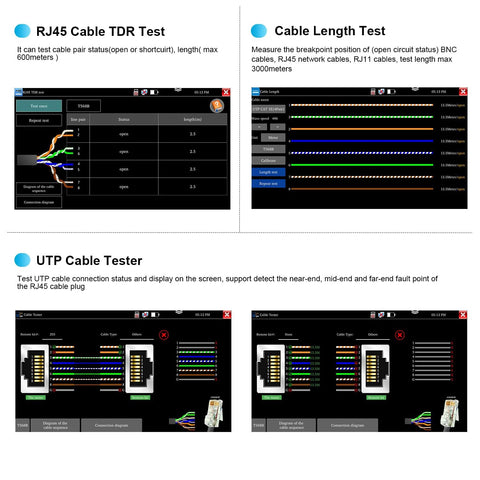 OTDR fiber tester interface screenshots showing RJ45 TDR Test, Cable Length Test and UTP Cable Tester on dark UI