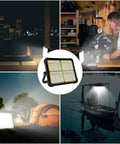 Portable Solar LED Work Light 100W with 336 LEDs in various settings: job site, outdoor camping, cityscape, and fishing boat.
