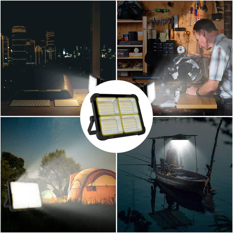 Portable Solar LED Work Light 100W with 336 LEDs in various settings: job site, outdoor camping, cityscape, and fishing boat.