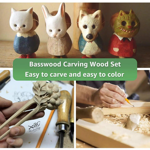 Unfinished Basswood Carving Blocks Set, Two 12x4x2 Inch Blank Wood Blocks for Whittling and Woodcarving, displayed with carvings