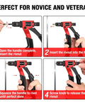 Instructions for using the Rivet Nut Tool Kit Right Angle 8 Inch Built For Tight Spaces With Step Drill Bit and 80 Nutsets