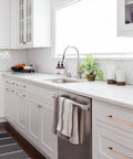 Modern kitchen with 5 Inch 128mm Brushed Antique Copper Cabinet Pulls Handles on white cabinets.