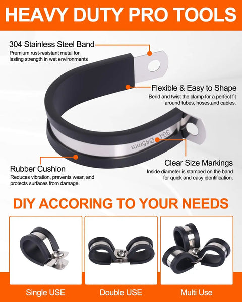 Pro Grade Cable And Pipe Clamps Kit With 304 Stainless Cushioned Clamps In 10 Sizes, single, double, and multi-use options