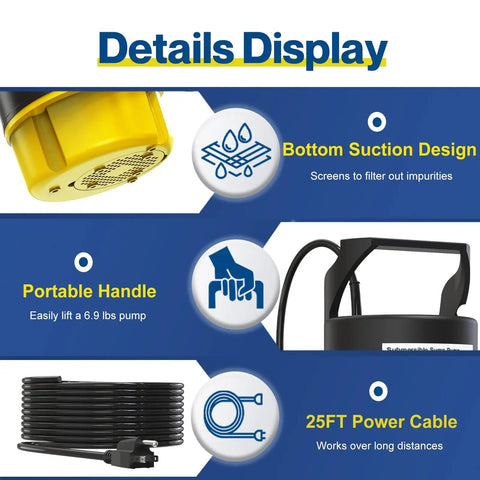 Reliable Submersible Sump Pump Equipped With A Beefy One Horsepower Motor And 3500GPH Flow Rating for bottom suction design and portable handle.