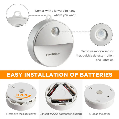 Motion Sensor Night Light With Auto On Off, No Fuss Cool White LED path light with battery installation steps, 6 pack included.