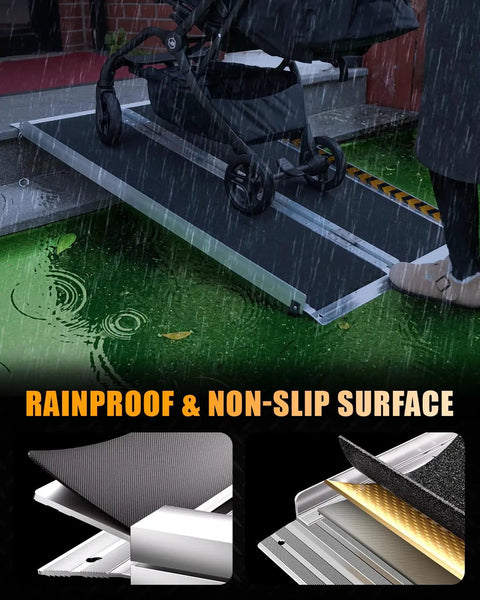 Premium 4 Foot Portable Wheelchair Ramp For Home Steps Features Non Slip Grip Built Tough Mobility Access Solution Rolls Super Smooth Over Thresholds Dead Simple Setup Done For You with stroller on rainproof surface.
