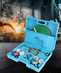 Portable Oxy Acetylene Torch Kit For Welding And Cutting With Nozzles Regulator Hose Gauges And Blue Case Brazing Set Gas Welding Tool For Home Garage Or Shop Easy Grip Steel Brass Build Durable Oxy Fuel Torch Welder in open blue case with gauges and hoses, welding sparks in background.