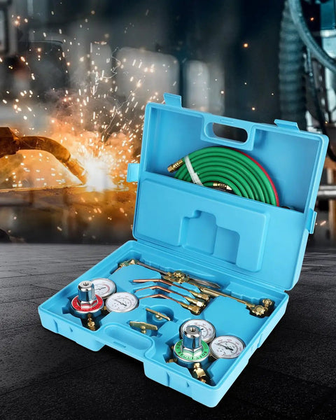 Portable Oxy Acetylene Torch Kit For Welding And Cutting With Nozzles Regulator Hose Gauges And Blue Case Brazing Set Gas Welding Tool For Home Garage Or Shop Easy Grip Steel Brass Build Durable Oxy Fuel Torch Welder in open blue case with gauges and hoses, welding sparks in background.