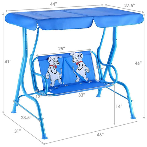 Blue 2 Seat Kids Patio Swing For Outdoor Fun And Chill With Adjustable Canopy And Safety Belt All Weather Waterproof Hanging Bench