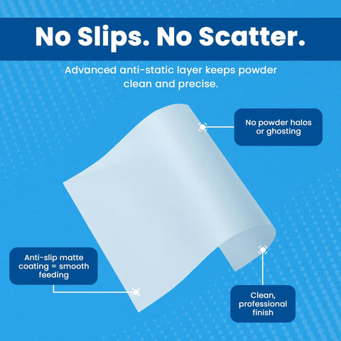 Transfer Film Sheets A4 8.3 By 11.7 Inches Double Matte With Hot Peel And Cold Peel for DTF printers shown against blue background.