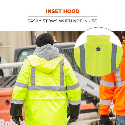 Hi Vis Reflective Rain Jacket Lime X Large ANSI Class 3 Waterproof with black bottom inset hood detail