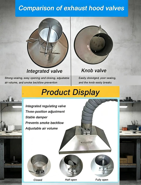 Comparison of integrated and knob valve for Tough Build Dust Collection Arm With Bendy 360 Degree Swivel Hose for crowded shop.