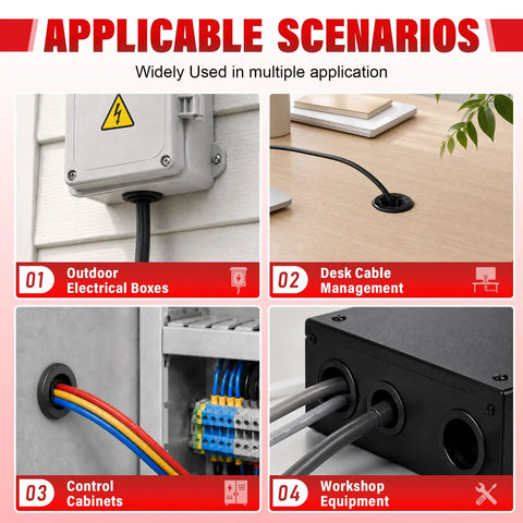 Half Inch Round Cable Snap Bushing Grommet Kit Black Snap In Grommets in use with electrical boxes and desk cable management
