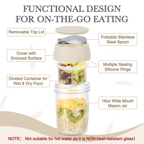 Two Pack Overnight Oats Jars With Lids And Folding Spoons Divided Compartments For Fruit And Nuts 16 Ounce Mason Style Glass Containers