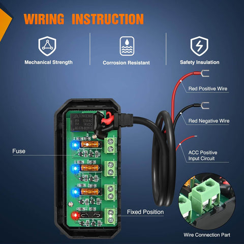 12V Motorcycle Fuse Box With 20A Low Profile Terminal Block And LED Indicator, 4 Circuits Protection, wiring view