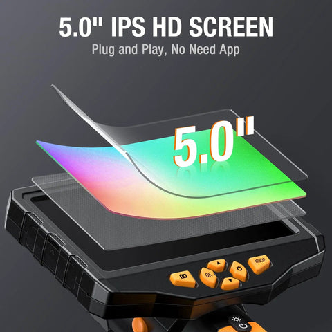 Triple Lens Borescope Endoscope With Light Pro Grade Digital Video Scope 5 Inch IPS Screen showing 5.0 IPS display