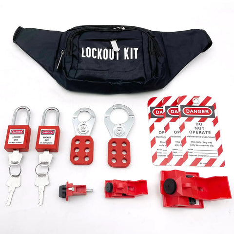 On The Go Lockout Tagout Kit With Clamp-On Circuit Breaker, Group Hasps, Tags, And Two Keyed-Different Padlocks In A Heavy-Duty Nylon Pouch
