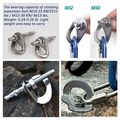 304 Stainless Steel Climbing Anchor Bolts Set For Rock Climbing Hangers M10 And M12 shown in different views and uses