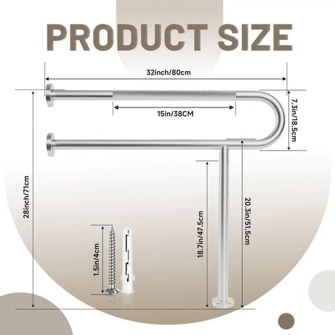 Dimensions of Rock Solid 32X28 Inch Brushed Nickel Toilet Grab Bar With T Shape Leg heavy duty 304 stainless steel safety rail.
