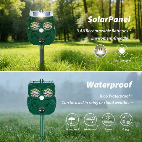 Solar Owl Motion Sensor Deterrent With Ultrasonic Sound And LED Flash Alerts For Outdoor Use Protect Your Garden Yard Patio And Perimeter From Pests Easy Setup Motion Activated Safe For Pets, solar owl on stake