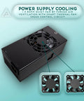 Top view of Tiny But Mighty 500W TFX Power Supply showing 80mm fan and cooling features, suitable for small form factor PC builds.