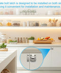 Premium White Rotate Bolt Latch Set Heavy Duty Zinc Alloy Cabinet Locks with Slick Swivel Mechanism installed on kitchen cabinet.