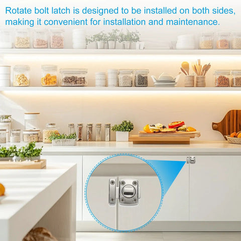 Premium White Rotate Bolt Latch Set Heavy Duty Zinc Alloy Cabinet Locks with Slick Swivel Mechanism installed on kitchen cabinet.