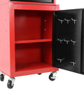 Hella Durable Three Drawer Rolling Tool Chest With Removable Top Box And Adjustable Cabinet Shelf Featuring Heavy Duty Door Hooks For Weekend Projects In Bold Red showing open black door with hooks and red cabinet shelf.