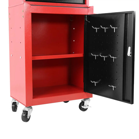 Hella Durable Three Drawer Rolling Tool Chest With Removable Top Box And Adjustable Cabinet Shelf Featuring Heavy Duty Door Hooks For Weekend Projects In Bold Red showing open black door with hooks and red cabinet shelf.