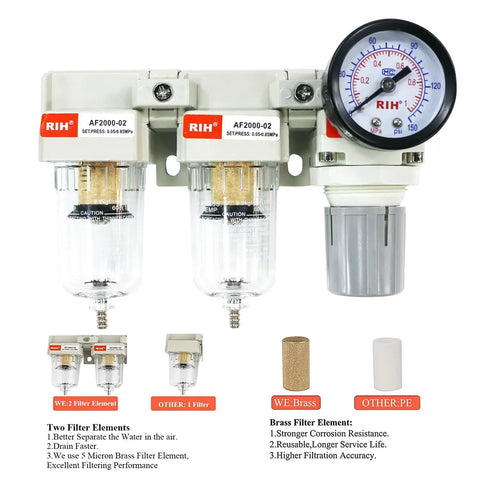 Beefed Up 3 In 1 Air Filter Regulator Combo With Double Five Micron Brass Elements, One Quarter Inch NPT, gauge visible