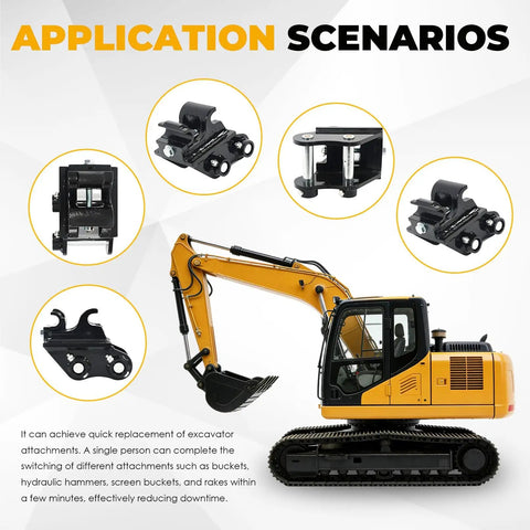 Mini Excavator Quick Change Hitch Coupler With 25mm Pin For 0.8 To 2 Ton Machines, shown with various attachments