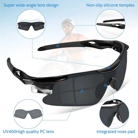 Close-up of 12 Pack ANSI Z87.1 Safety Glasses with UV block, impact resistant polycarbonate lenses, showing wraparound design and cushioned temples.
