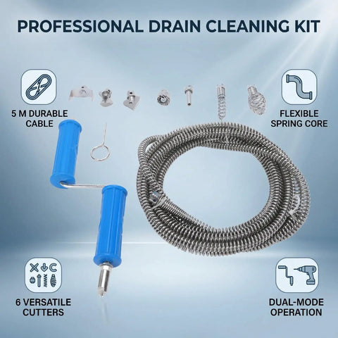 Heavy Duty Steel Drain Auger Cable With Six Removable Cutting Blades And Extended Ten Foot Reach For Knocking Out Stubborn Plugs From Kitchen Sink Lines To Bathroom Pipes Without Breaking A Sweat: 5m cable, six cutters.