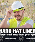 Man wearing a yellow safety vest and hard hat with Cooling Skull Cap Liner For Helmets Lightweight Mesh Under Helmet Cap For Cycling And Motorcycle Breathable Sweat Wicking Head Cover For Men And Women Black underneath.