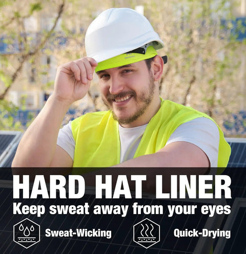 Man wearing a yellow safety vest and hard hat with Cooling Skull Cap Liner For Helmets Lightweight Mesh Under Helmet Cap For Cycling And Motorcycle Breathable Sweat Wicking Head Cover For Men And Women Black underneath.