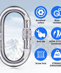 Ultra Strong Carabiner Clips O Shaped Screwgate 25kN 5600Lbs 2 Pack Heavy Duty Locking Carabiners with features displayed