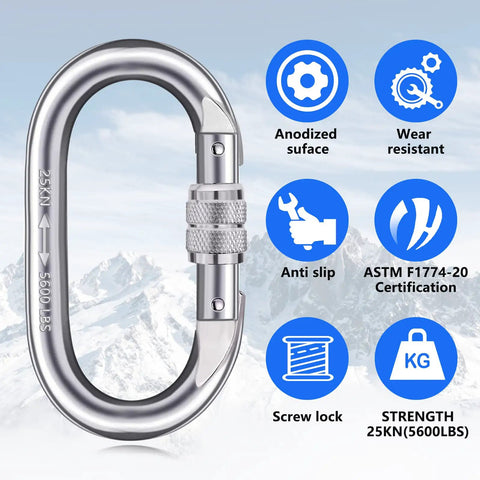 Ultra Strong Carabiner Clips O Shaped Screwgate 25kN 5600Lbs 2 Pack Heavy Duty Locking Carabiners with features displayed