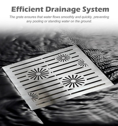Heavy Duty Sewer Drainage Grate And Base For Large Outdoor Catch Basin Trench Cover Built From Tough 304 Stainless Steel lying on water