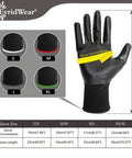 Nitrile Coated Work Gloves With Superior Oil Resistance And Strong Grip For Auto Garage Workshop Gardening And Mechanic Tasks Ideal For Men And Women Everyday Wear; sizing chart with glove sizes S to XL and glove illustration.