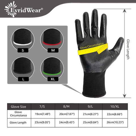 Nitrile Coated Work Gloves With Superior Oil Resistance And Strong Grip For Auto Garage Workshop Gardening And Mechanic Tasks Ideal For Men And Women Everyday Wear; sizing chart with glove sizes S to XL and glove illustration.